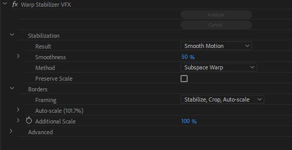 Warp Stabilizer screenshot, showing how to stabilize video in Premiere Pro